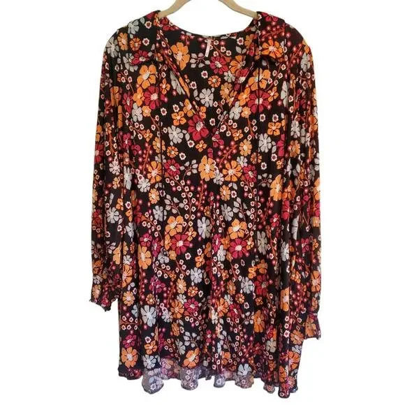 Free People Daisy Jane Long Sleeve Mini Dress Flowy Loose Fit Black Floral - Picture 2 of 13